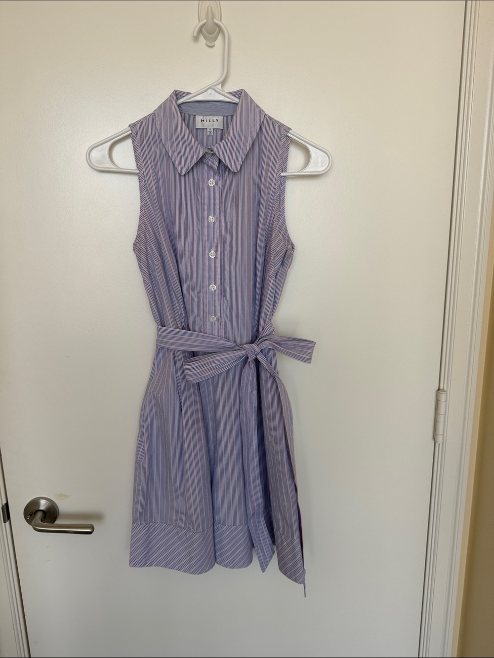 Milly Lavender-Striped Sleeveless Tie-Waist Shirt Dress
